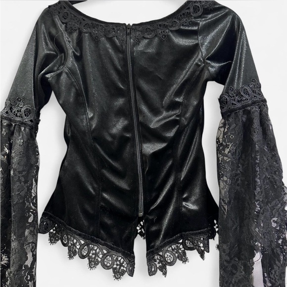 Sinister Black Gothic Lace Top Size Small Bell Sleeve Witchy Blouse - Picture 3 of 6